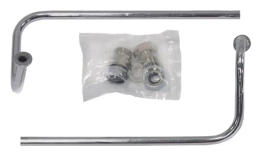 Chormetallene Übergangszubehörteile für MAG-Installationen, bestehend aus zwei gebogenen Rohren und einer Packung mit Verbindungselementen, geeignet für Vaillant Systeme.